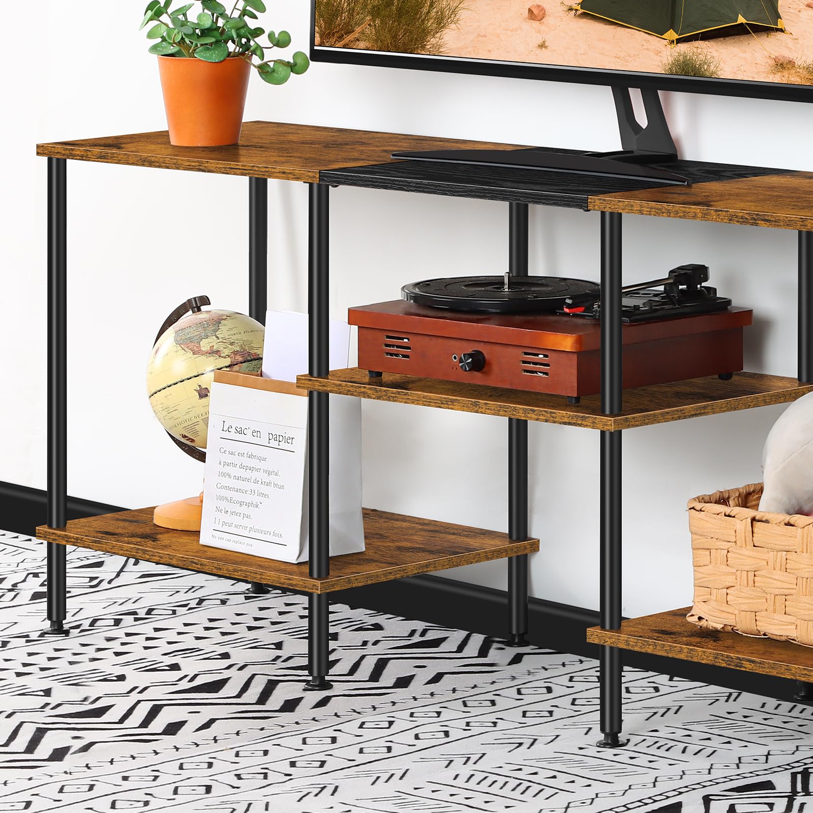 Luplom adjustable feet stabilizing the TV stand on uneven floors.