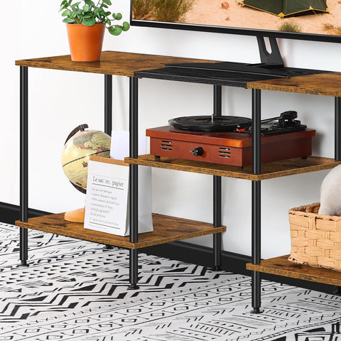 Luplom adjustable feet stabilizing the TV stand on uneven floors.