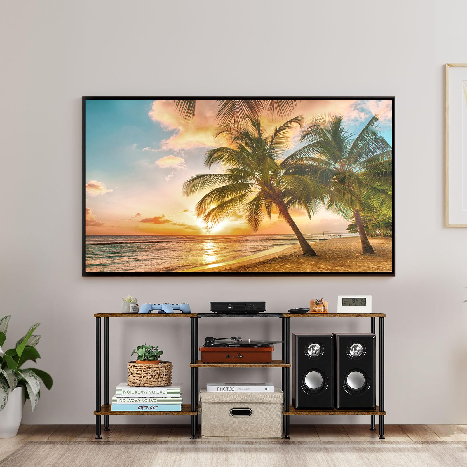 Luplom bedroom setup featuring a tidy entertainment corner with the stand.