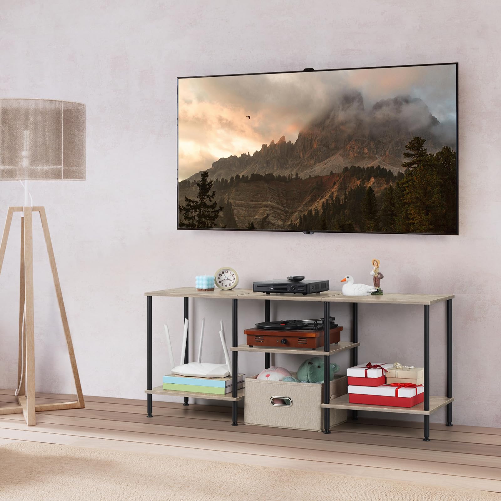 Luplom 45w x 11.8d x 19h footprint fits under 50-inch TVs.