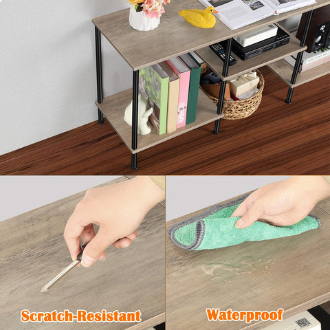 Luplom open storage shelves neatly organize consoles and decor.