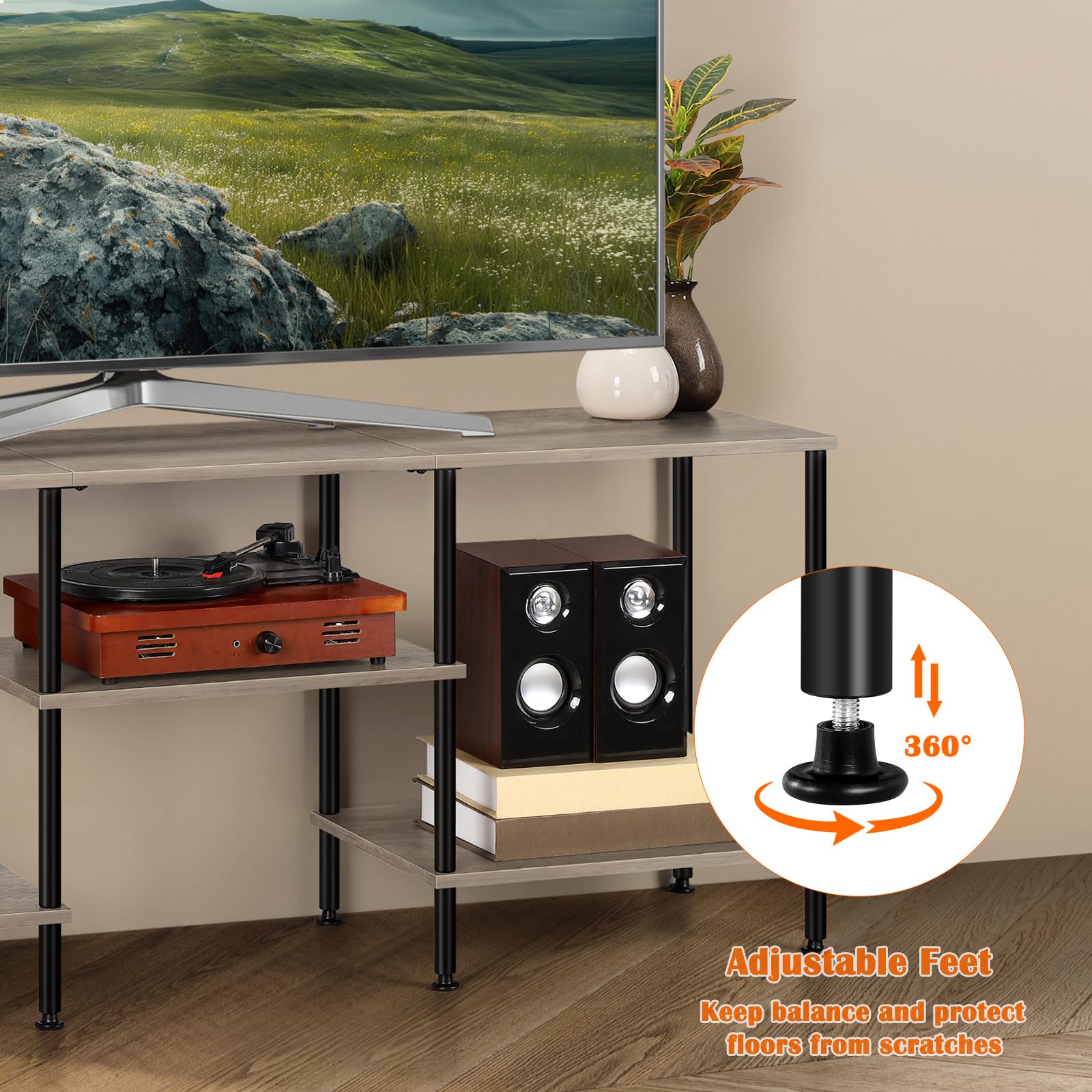 Luplom three-tier storage optimizes organization for media and accessories.
