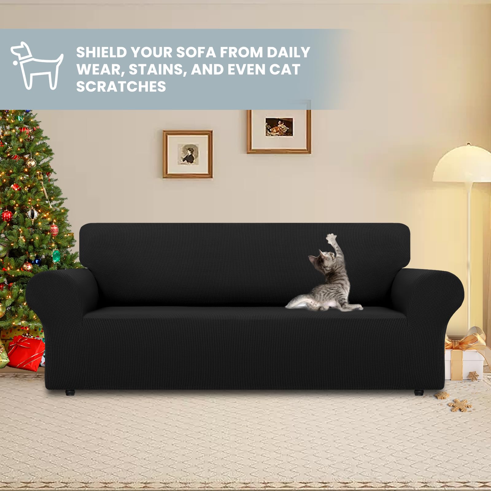 LURKA Stretch Loveseat Slipcover with elastic-bottom ensures secure fit and wrinkle-free seating.