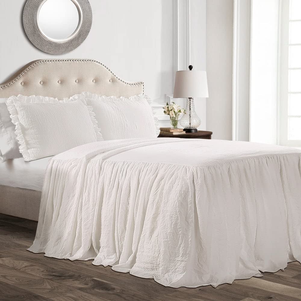 Lush Decor Ruffle Skirt Bedspread king size white, lightweight crinkle microfiber for airy comfort