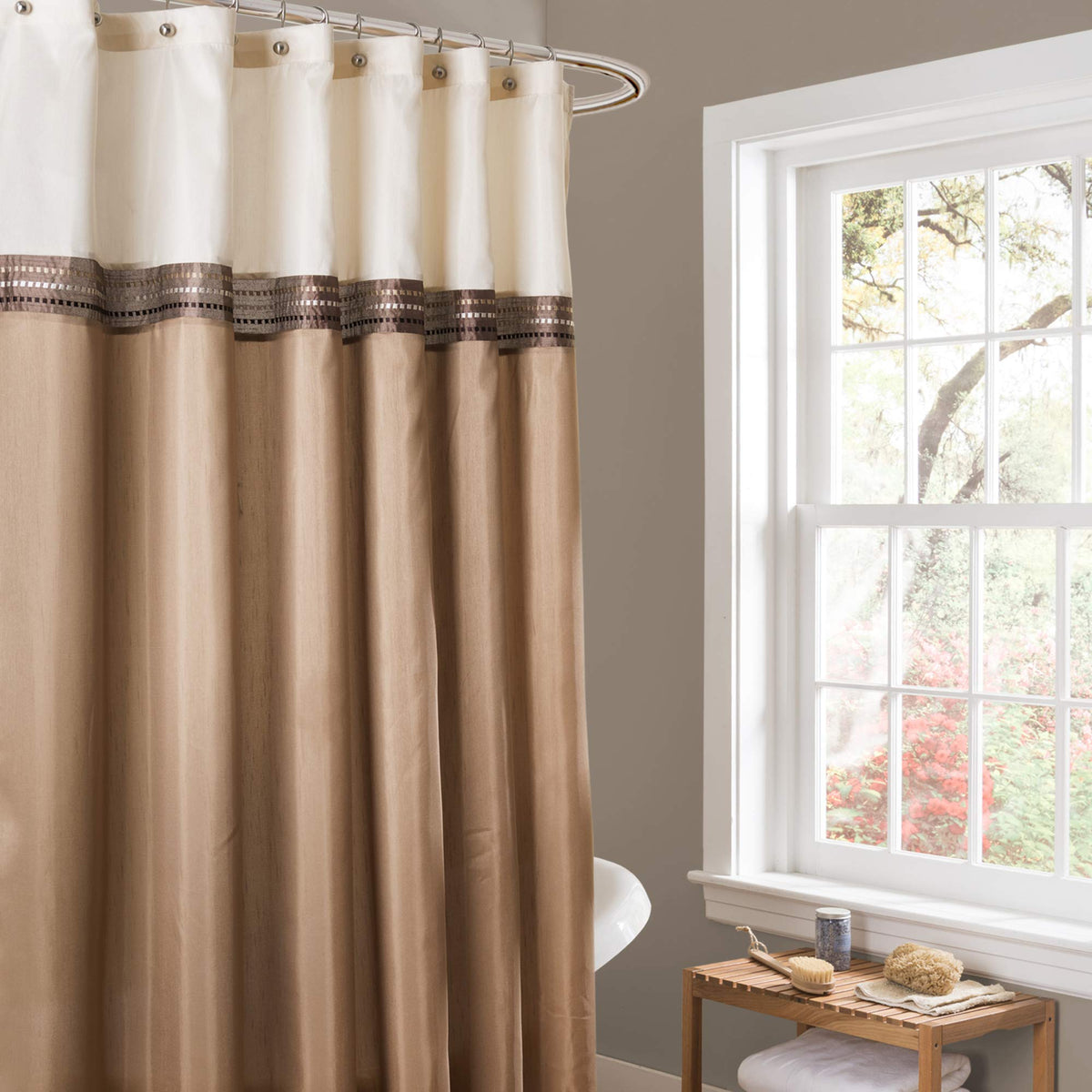 Lush Decor Terra fabric shower curtain, 72x72 inches, beige and ivory, elevates modern glam bathrooms.