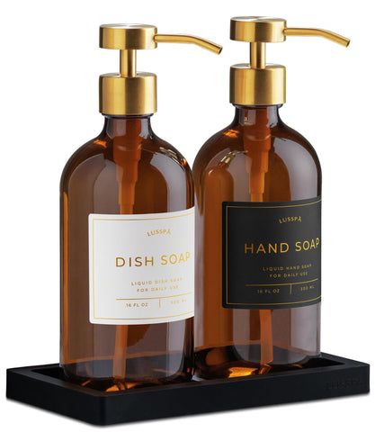 LUSSPA amber glass dispensers with two bottles and pumps, ideal for hand and dish soap.