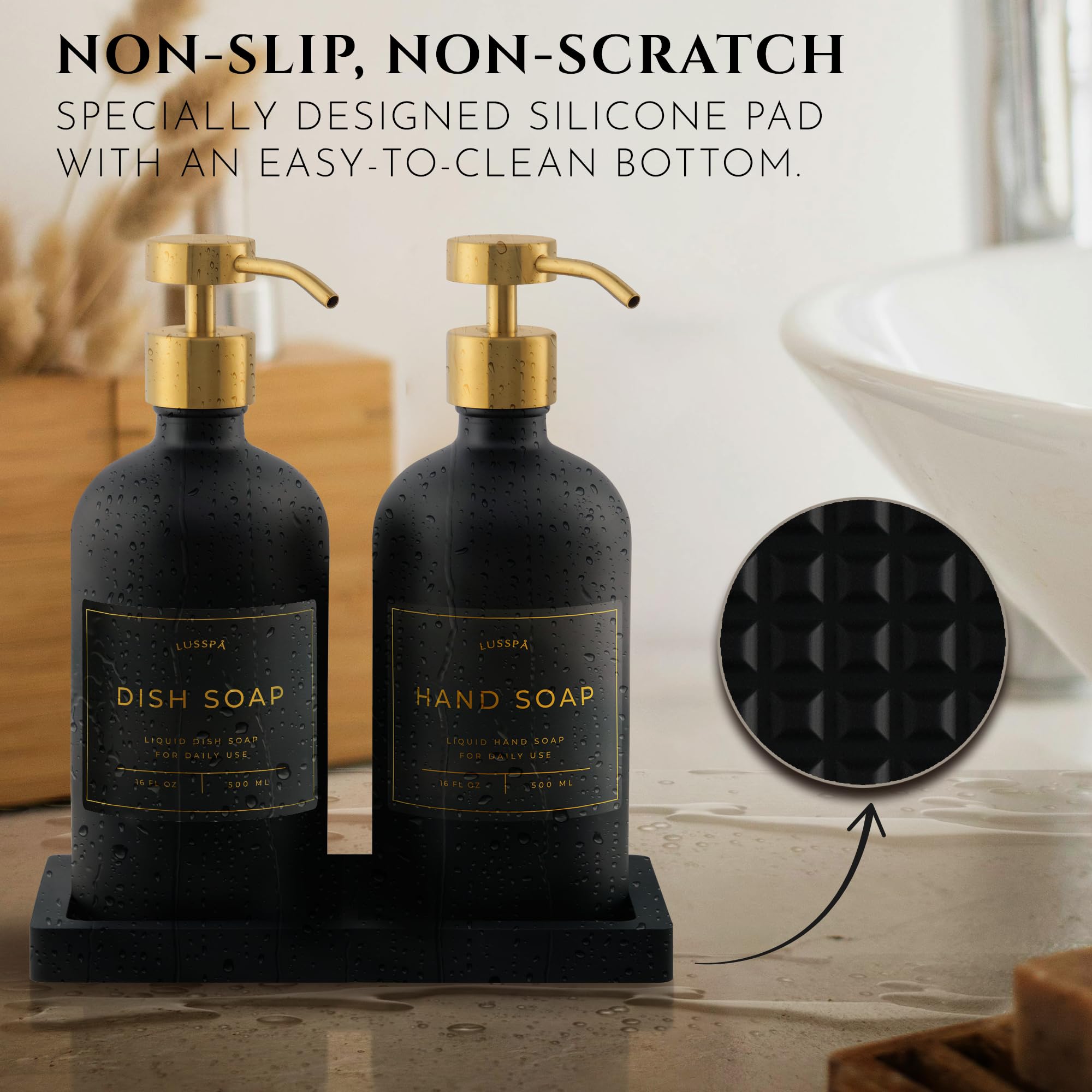 LUSSPA black silicone tray keeps bottles neatly arranged.