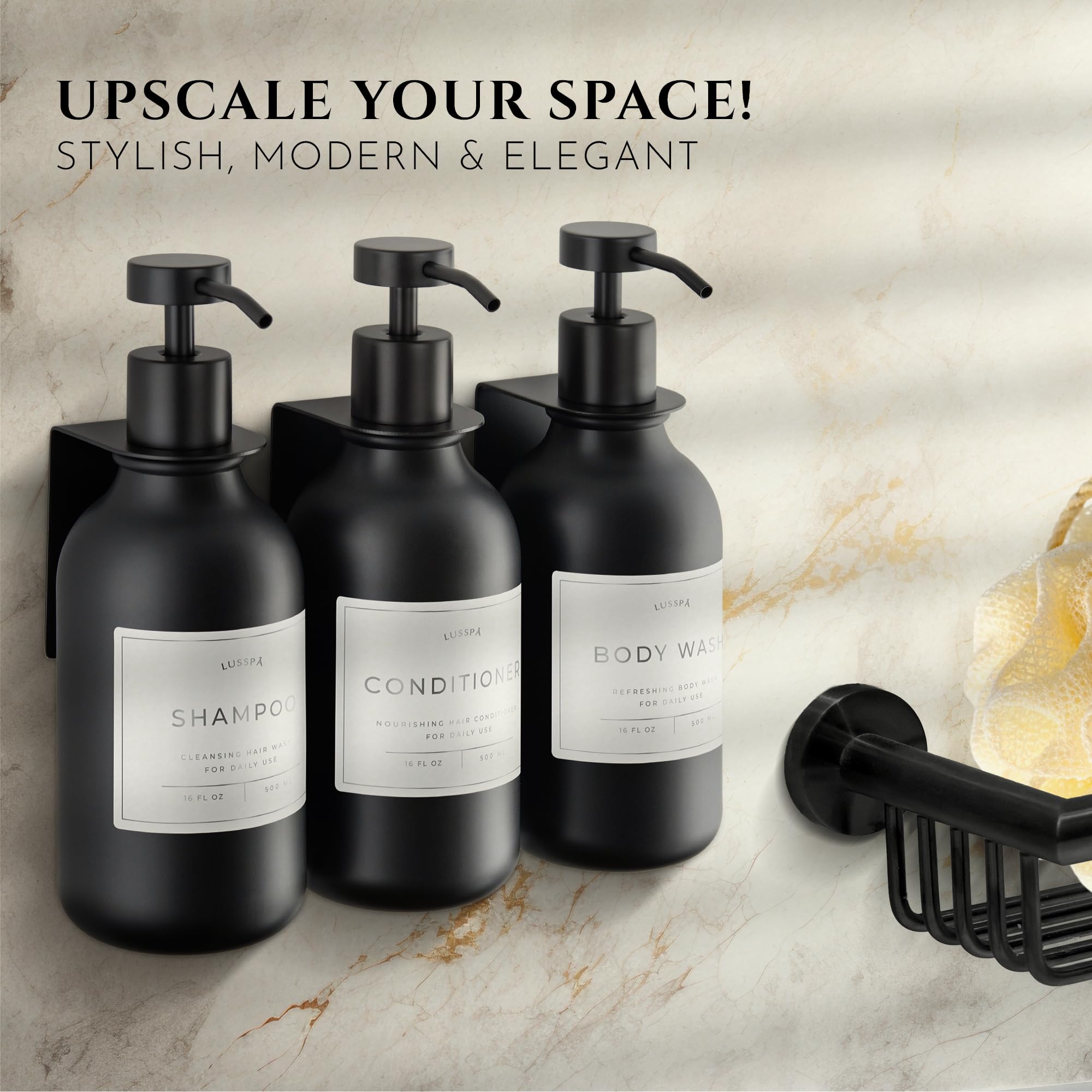 LUSSPA 16.9 oz black bottles with stainless steel pumps offer a premium look.