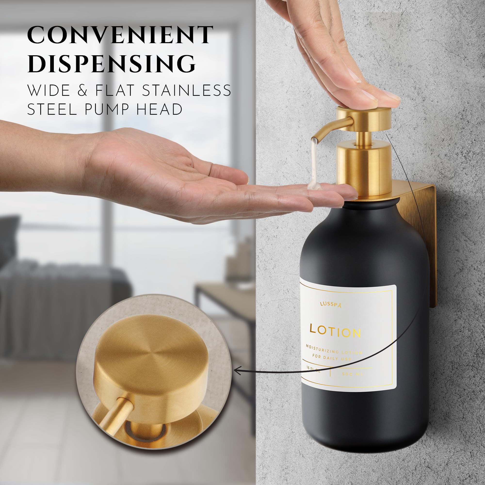 LUSSPA brushed gold pumps add upscale detail to shower.