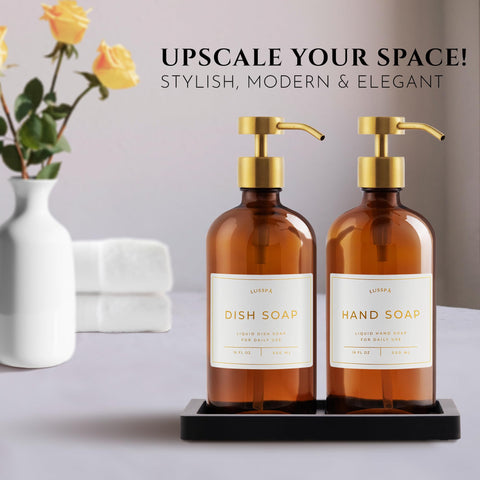 LUSSPA brushed gold pumps on amber bottle closeup, showcasing durable metal hardware.