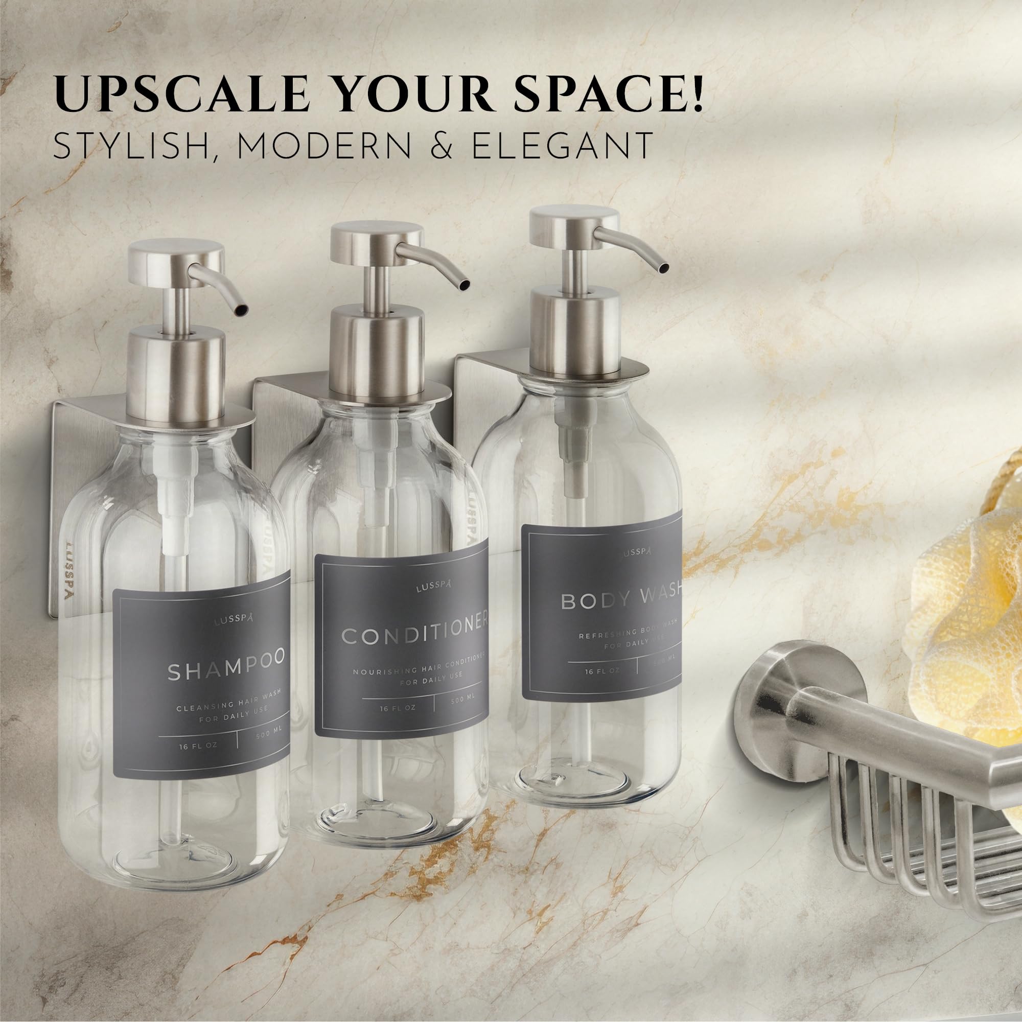 LUSSPA clear bottles with brushed-silver pumps offer a premium hotel-like look.