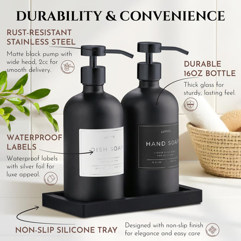 LUSSPA black glass dispenser elevates kitchen or bathroom décor.