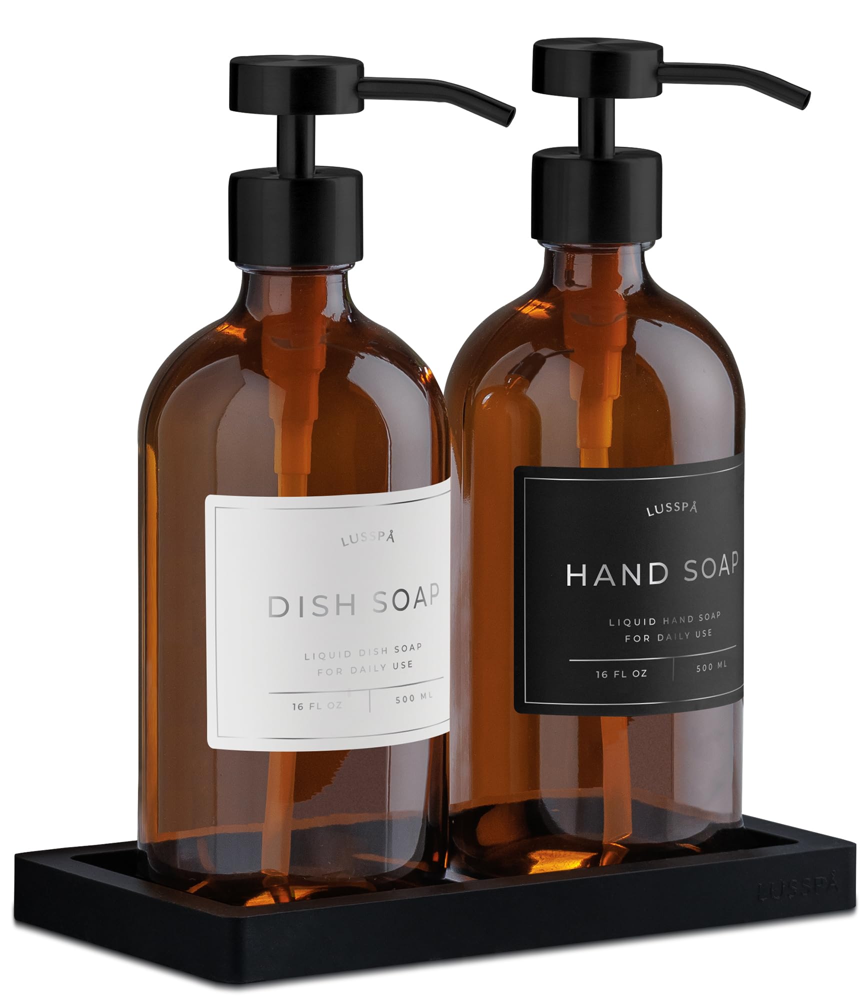LUSSPA amber glass dispenser with pump for precise hand soap dispensing, ideal for busy kitchens.