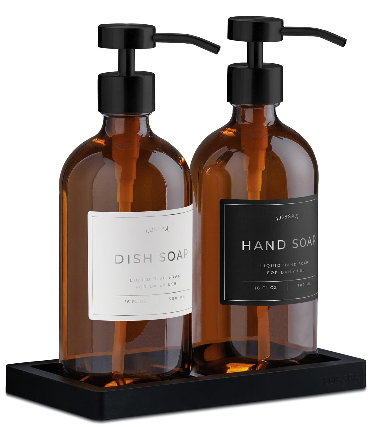 LUSSPA amber glass dispenser with pump for precise hand soap dispensing, ideal for busy kitchens.