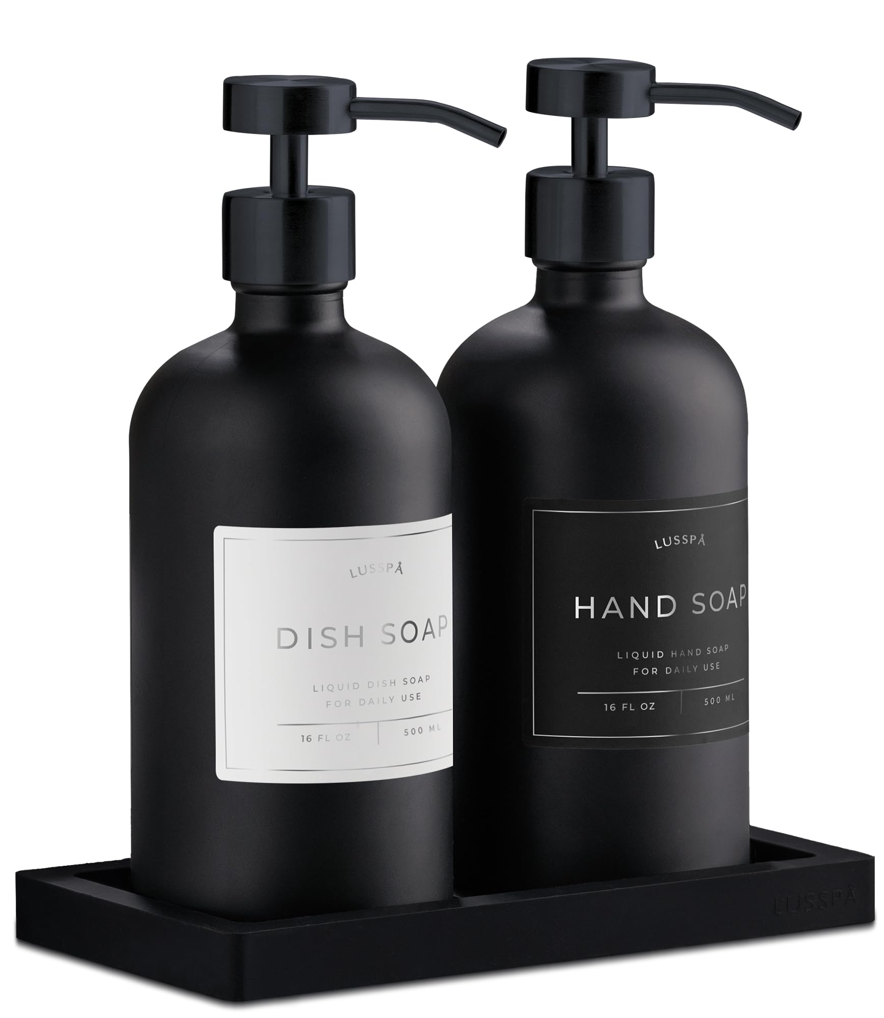 LUSSPA glass soap dispenser set with black Boston-round bottles; durable and refillable.