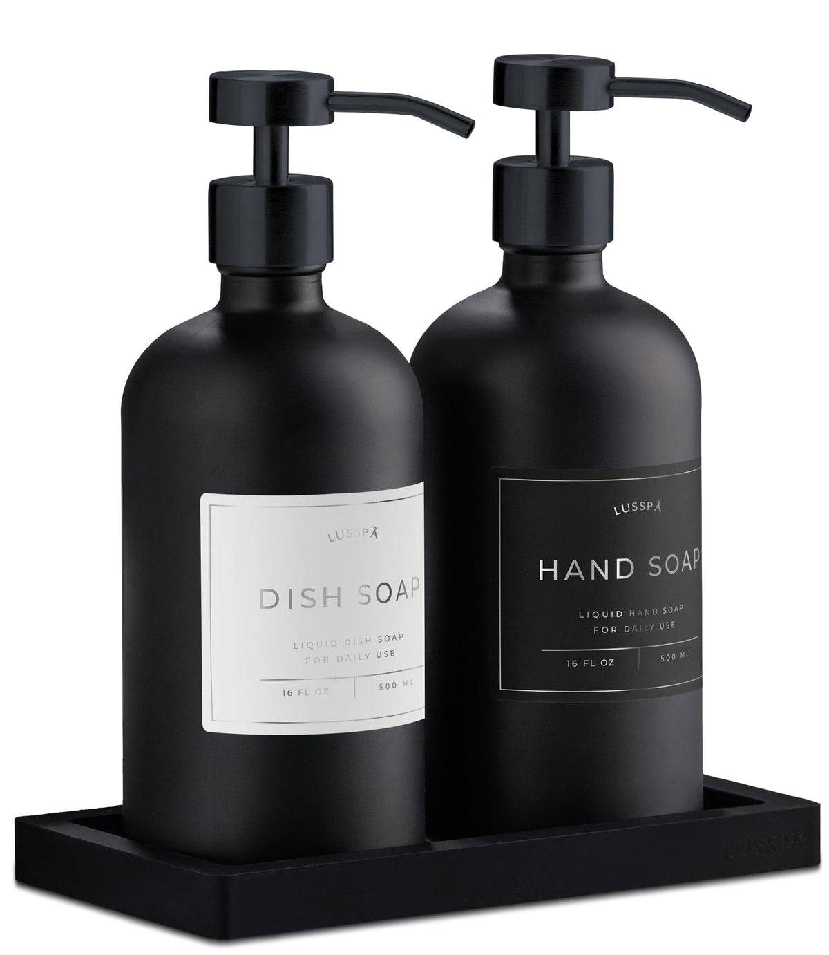 LUSSPA glass soap dispenser set with black Boston-round bottles; durable and refillable.