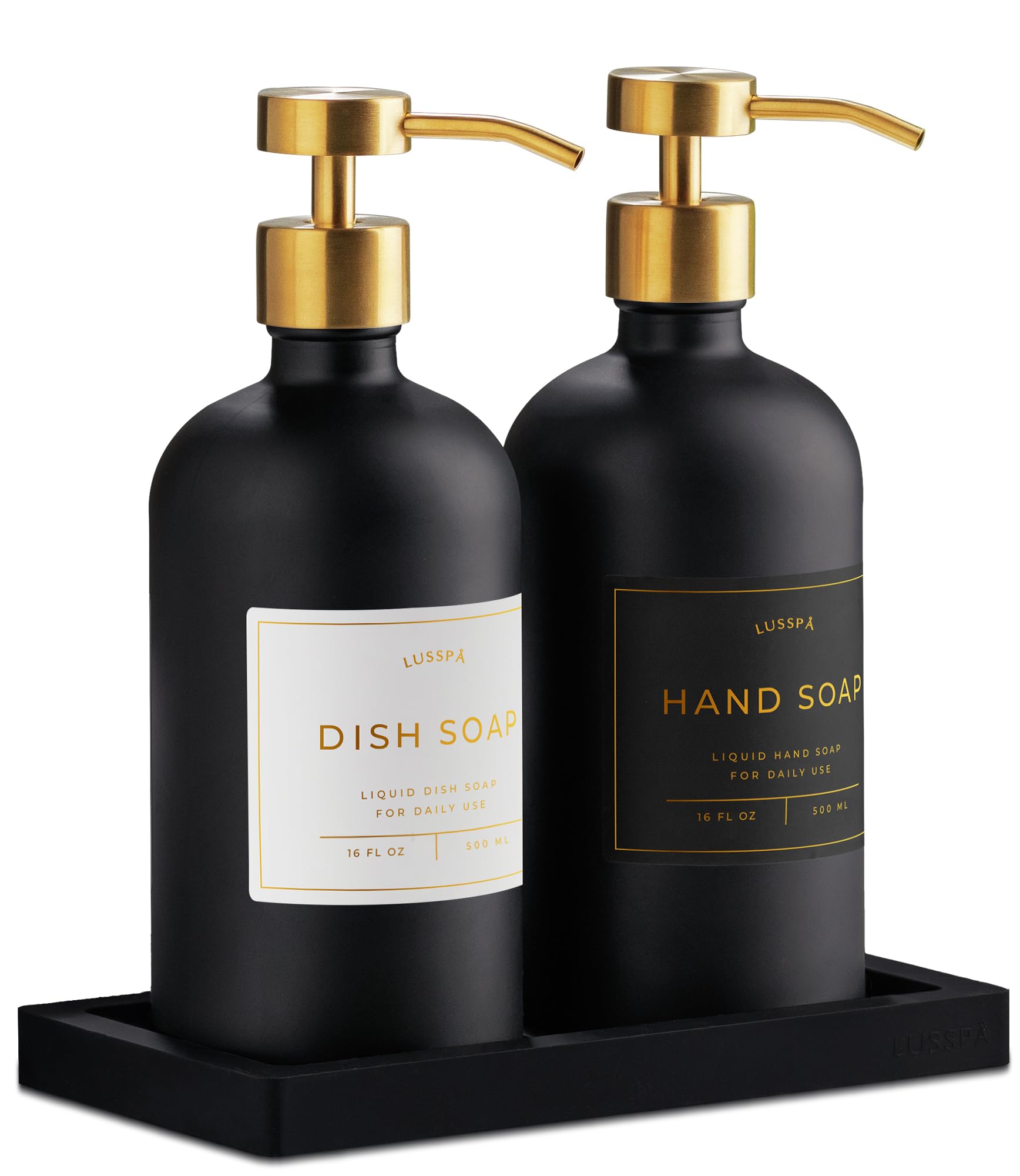 LUSSPA glass dispenser set with two black bottles, ideal for kitchen or bath.