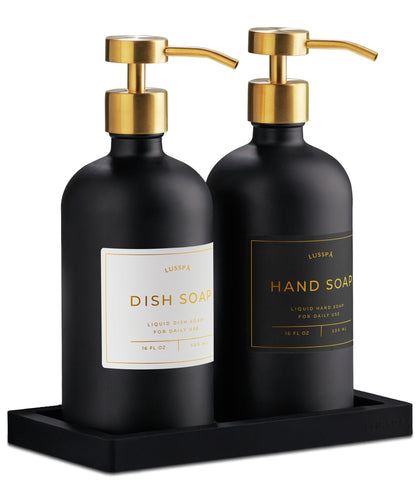 LUSSPA glass dispenser set with two black bottles, ideal for kitchen or bath.