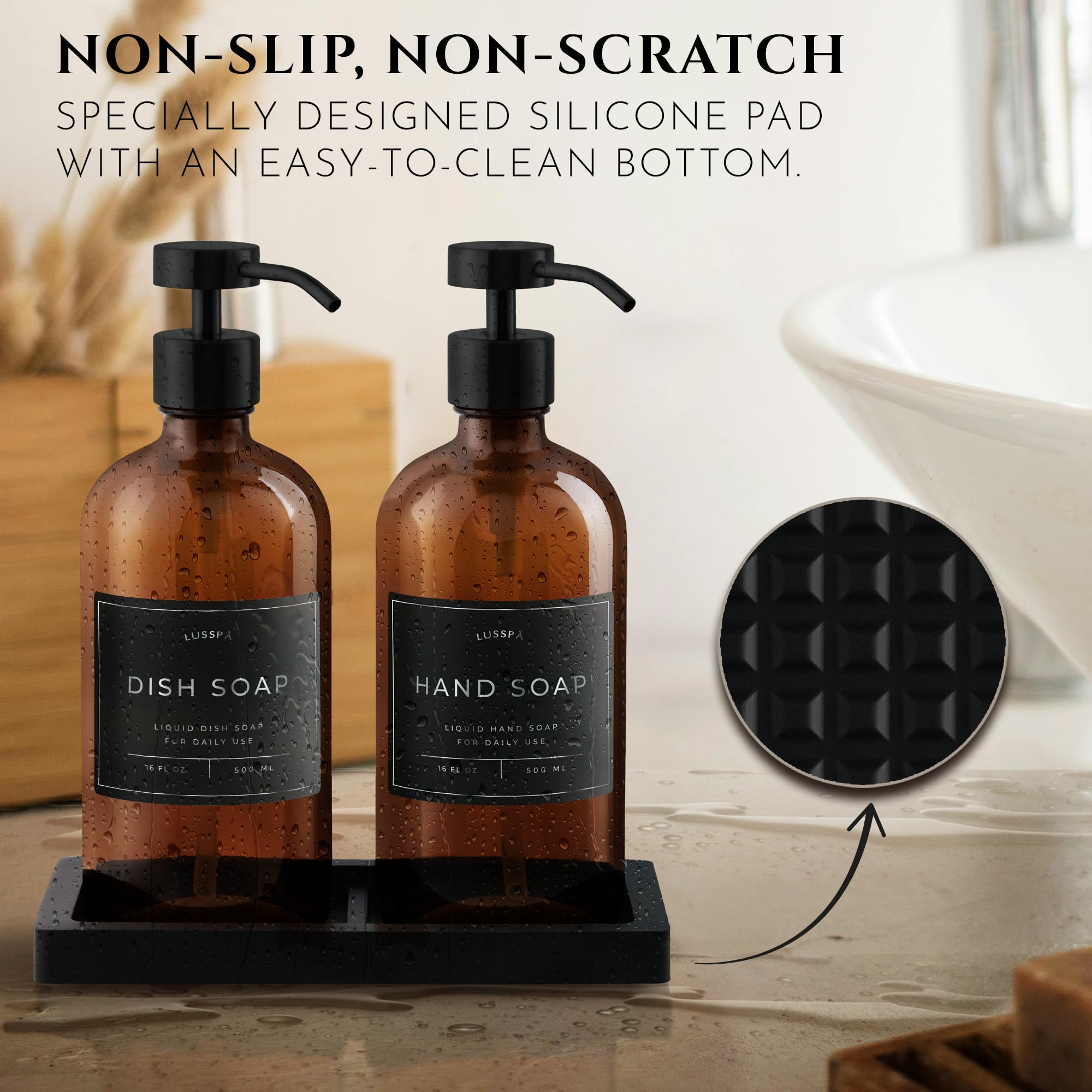 LUSSPA amber glass hand soap bottle with pump elevates countertop decor.