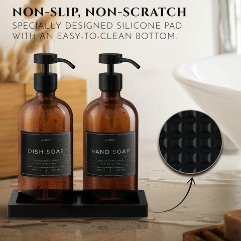 LUSSPA amber glass hand soap bottle with pump elevates countertop decor.