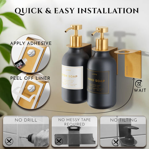 LUSSPA no-drill adhesive holders secure dispensers without wall damage.