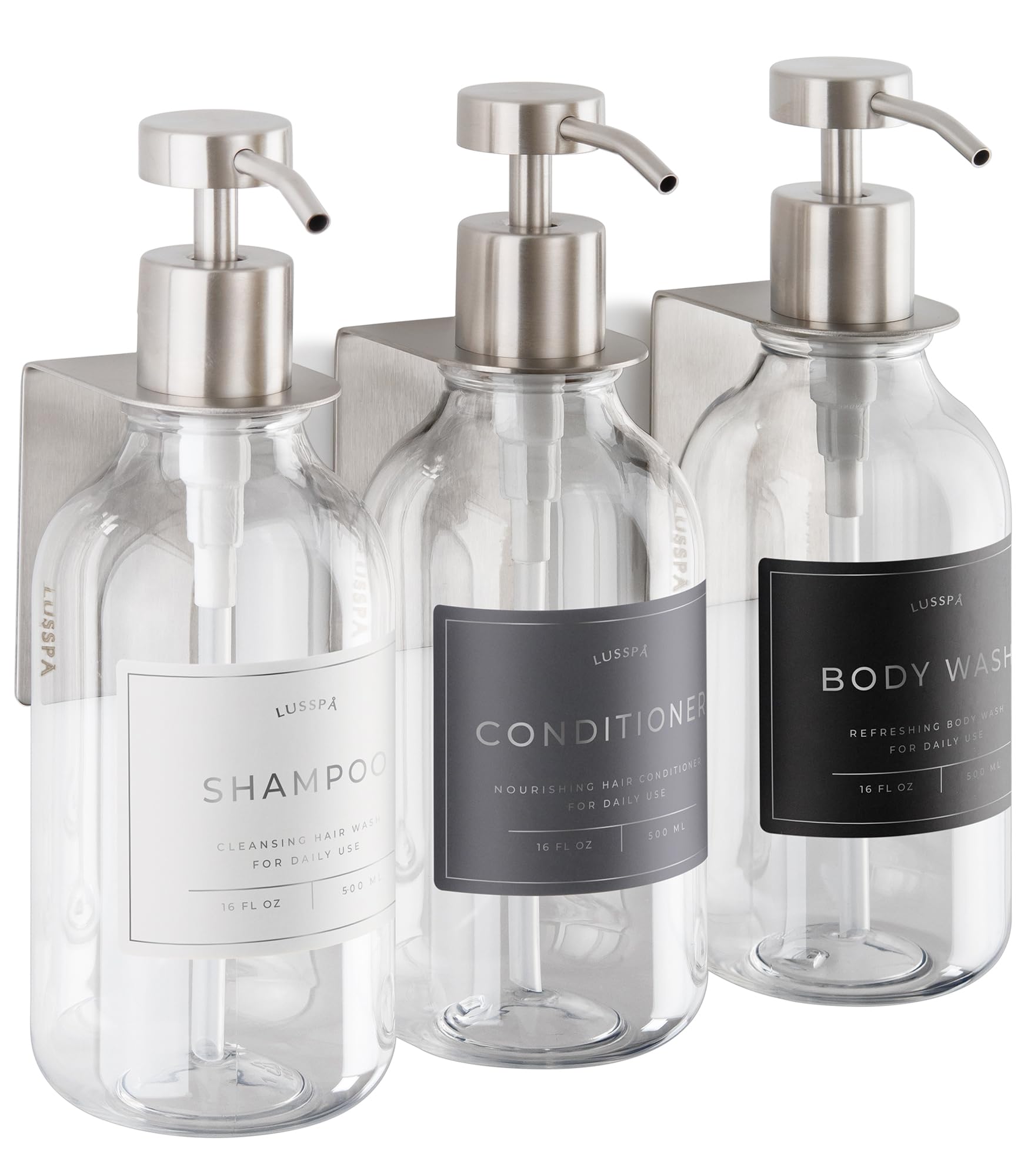 LUSSPA shower dispenser three-bottle set keeps shampoo and body wash organized.