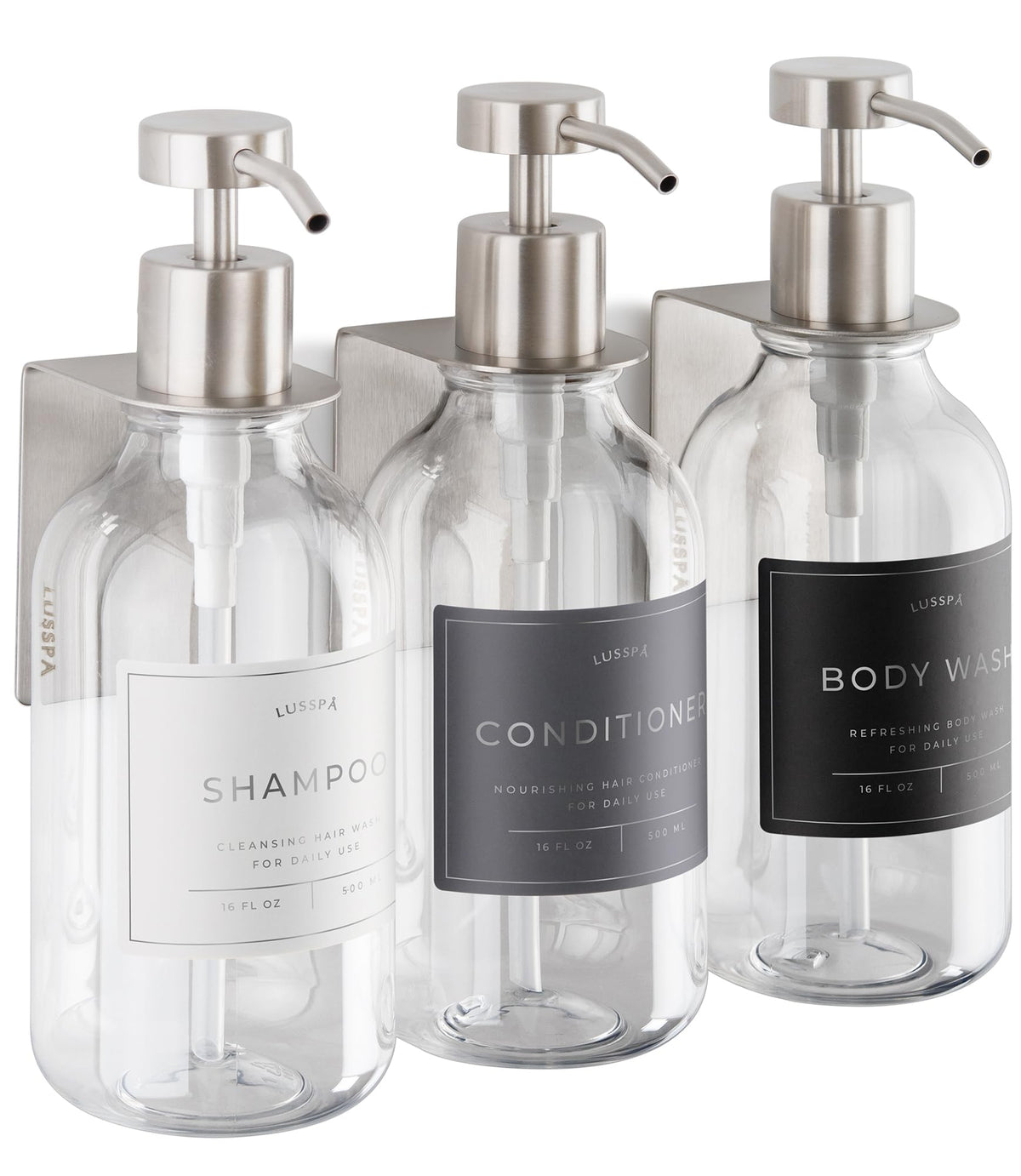 LUSSPA shower dispenser three-bottle set keeps shampoo and body wash organized.