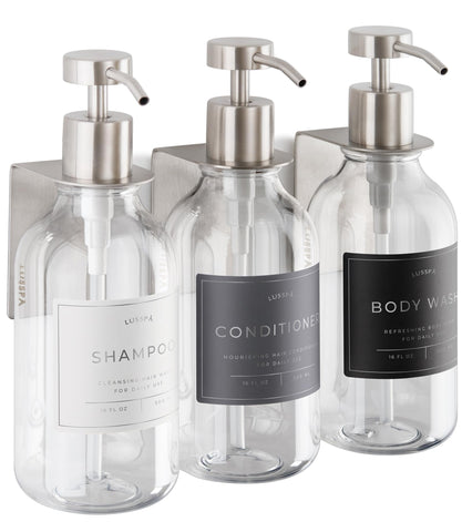 LUSSPA shower dispenser three-bottle set keeps shampoo and body wash organized.