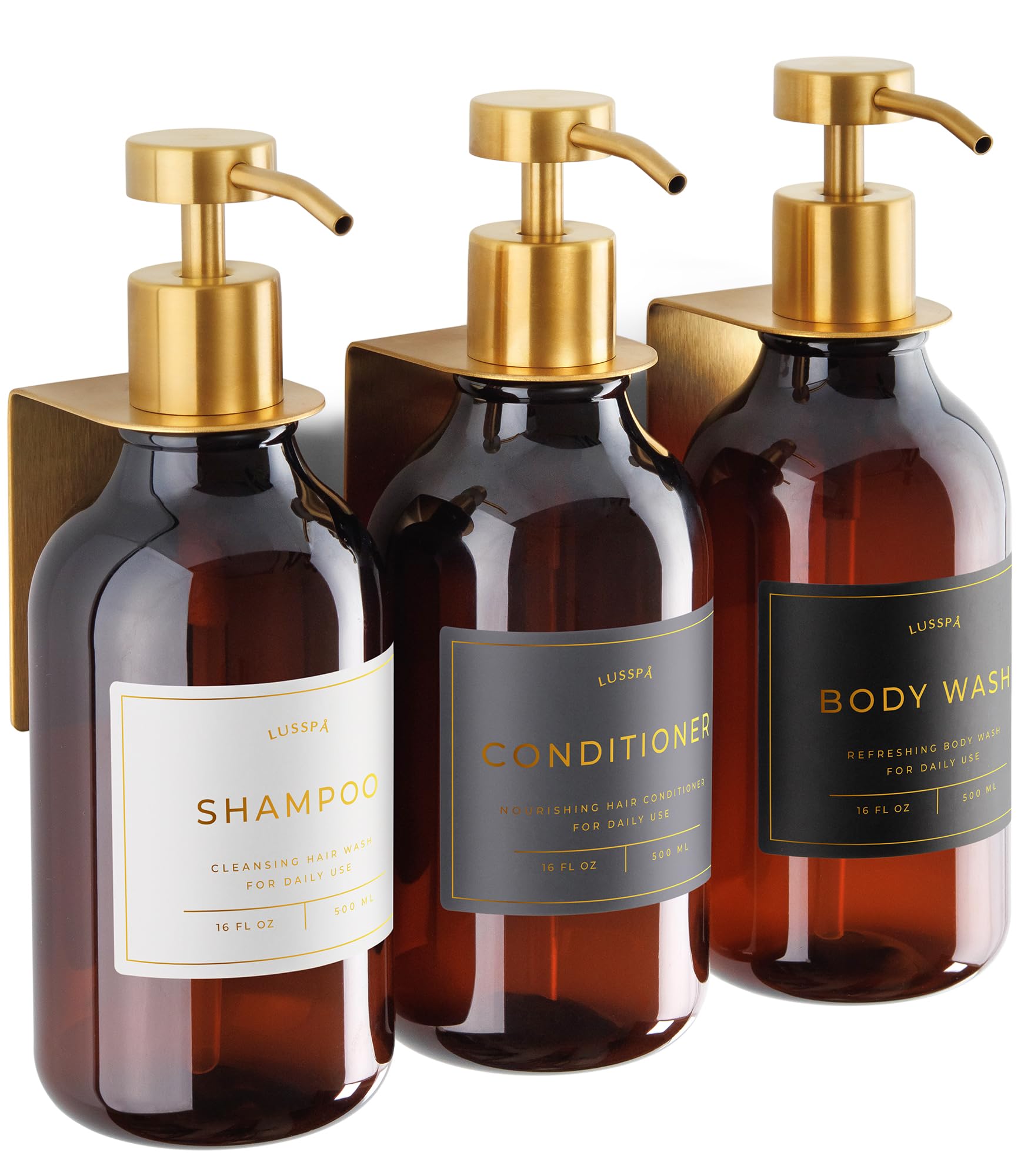 LUSSPA amber bottle dispenser with gold pumps for organized shower storage