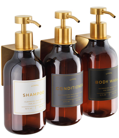 LUSSPA amber bottle dispenser with gold pumps for organized shower storage