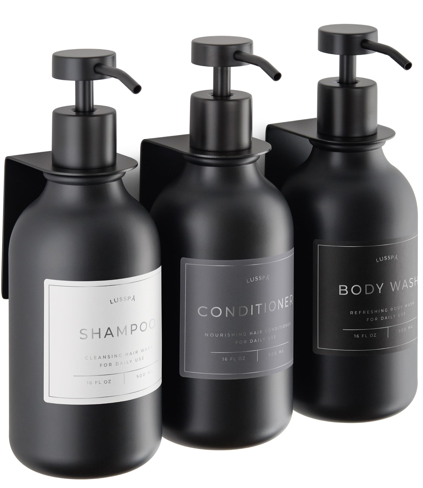 LUSSPA shower dispenser wall-mounted trio with three bottles for organized bathroom storage.