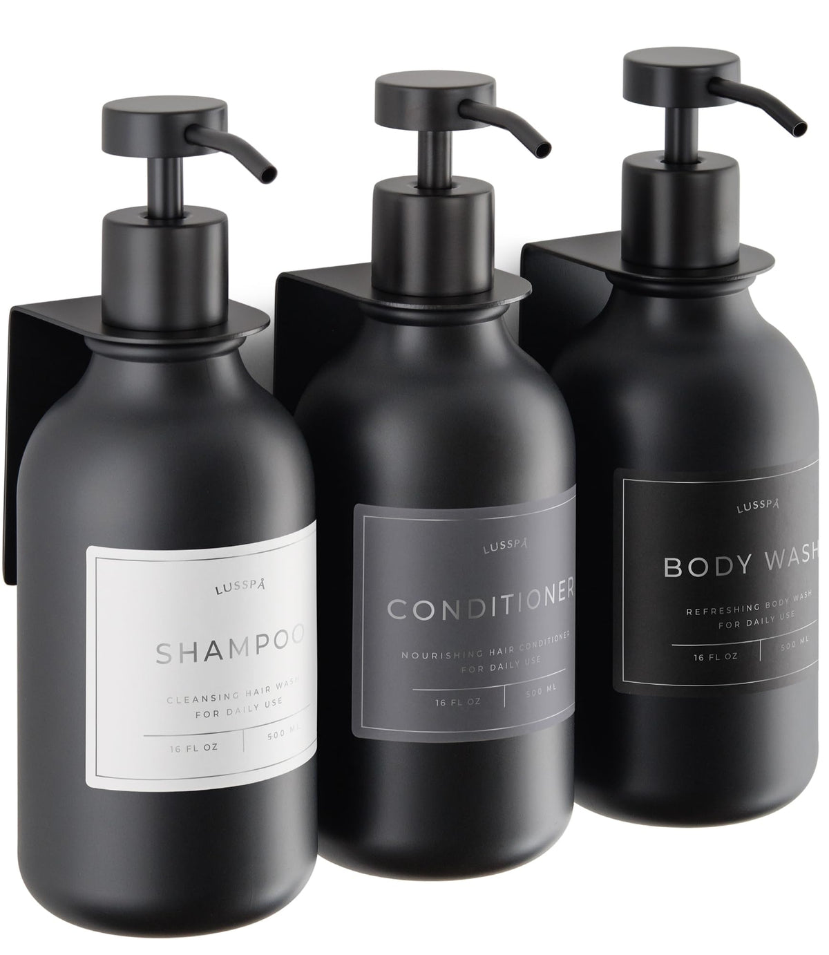 LUSSPA shower dispenser wall-mounted trio with three bottles for organized bathroom storage.