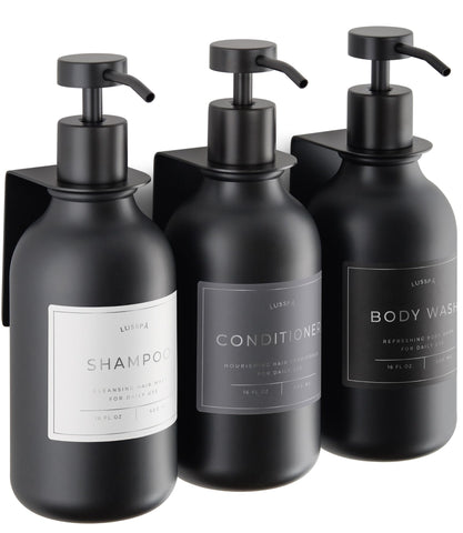 LUSSPA shower dispenser wall-mounted trio with three bottles for organized bathroom storage.