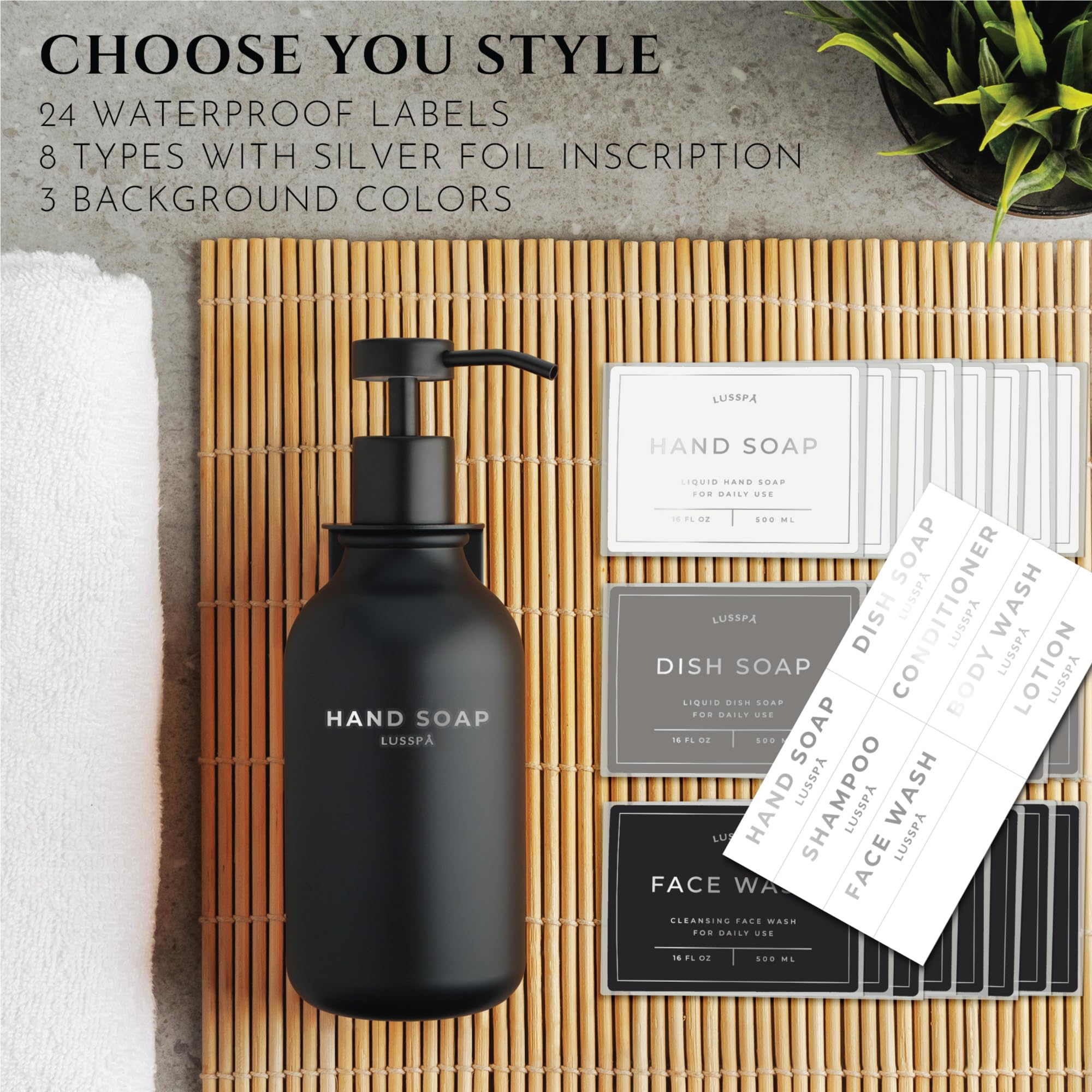 Labels help distinguish soap, shampoo, and body wash at a glance.