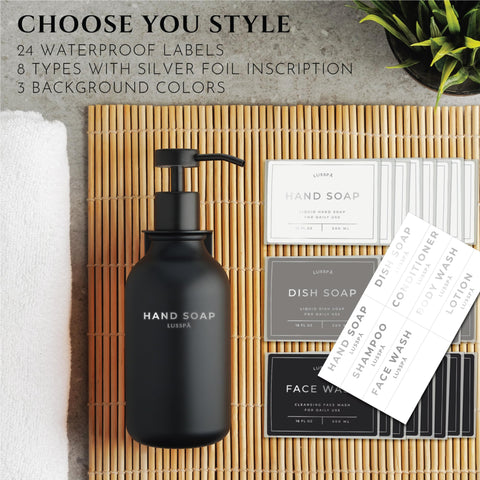 Labels help distinguish soap, shampoo, and body wash at a glance.