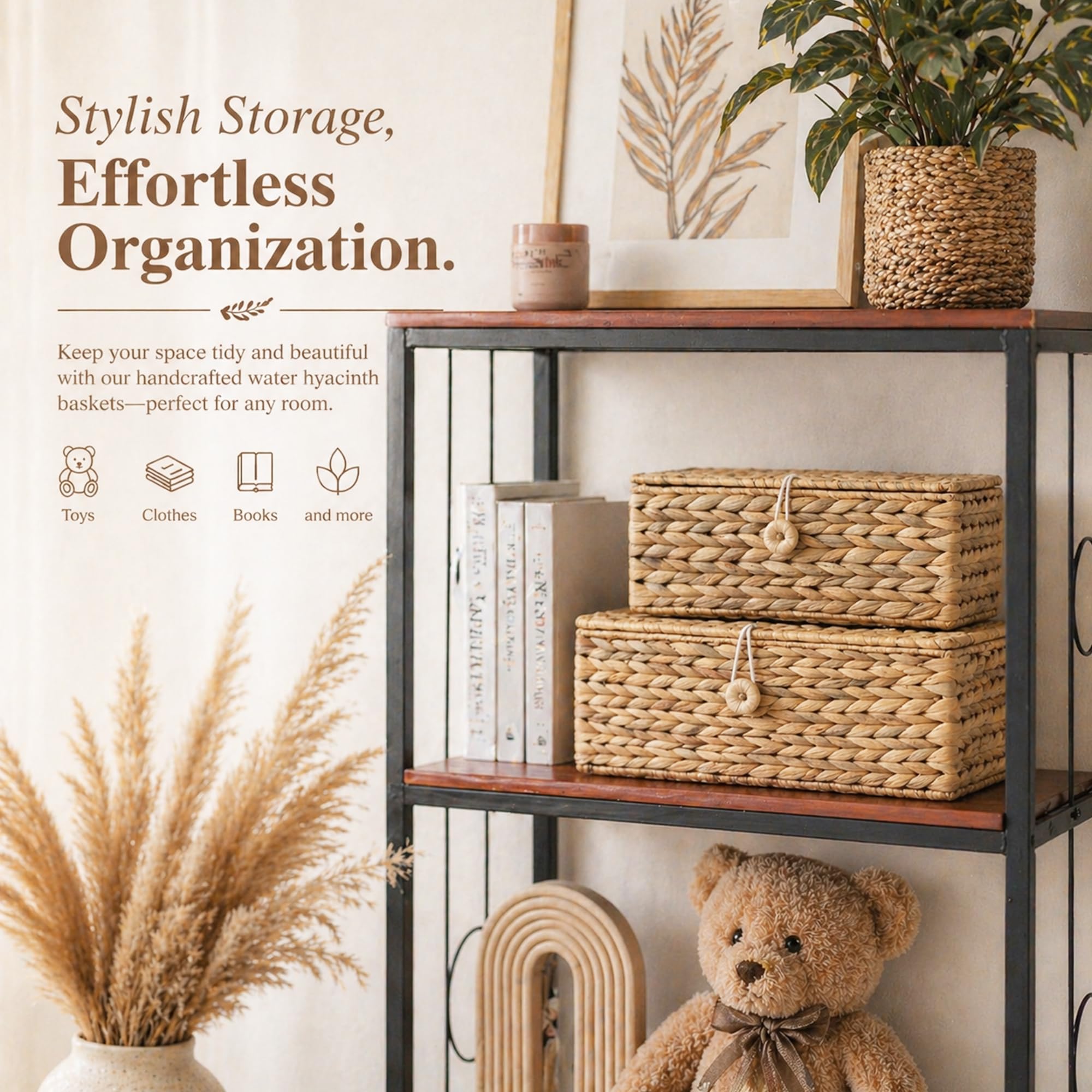 LUSYDECO rectangular wicker storage bin with lid, medium size, perfect for compact spaces.
