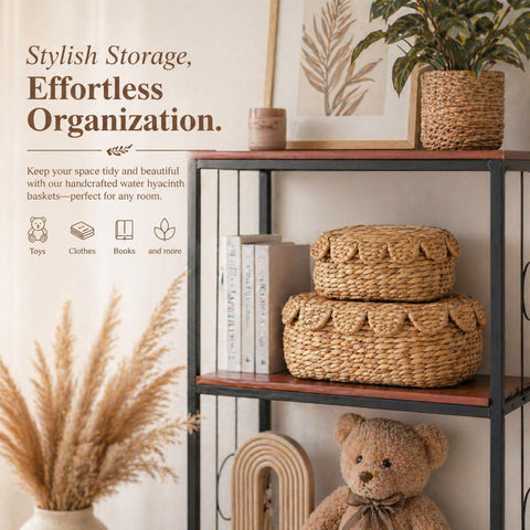LUSYDECO scalloped weave basket detail enhances decor while organizing.