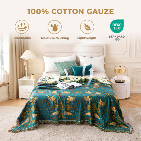 LUTBM Boho Throw Blanket 4-layer cotton gauze texture closeup.