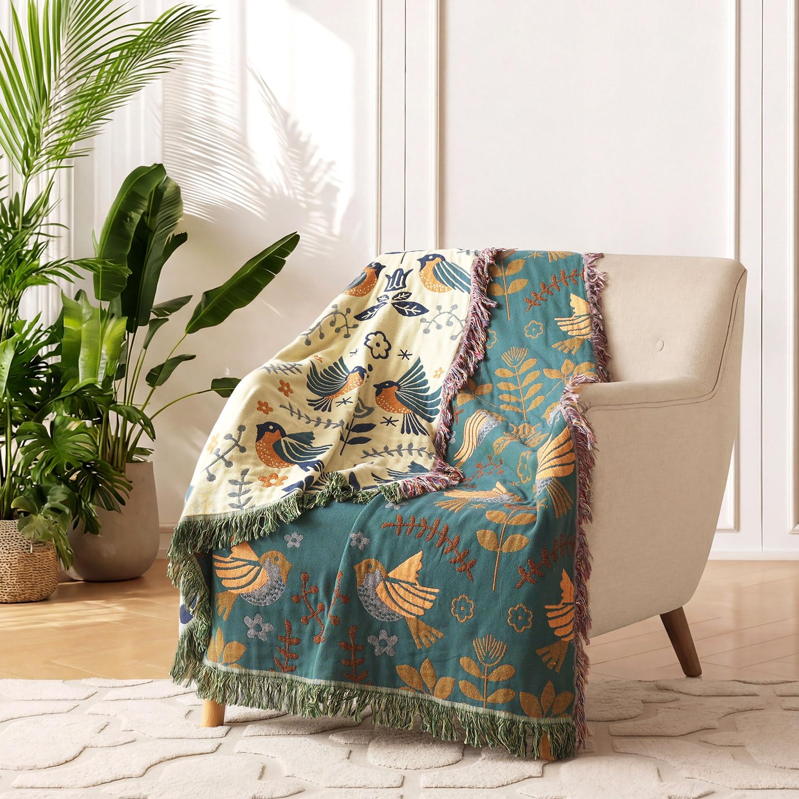 LUTBM Boho Throw Blanket floral design closeup with detailed stitching.