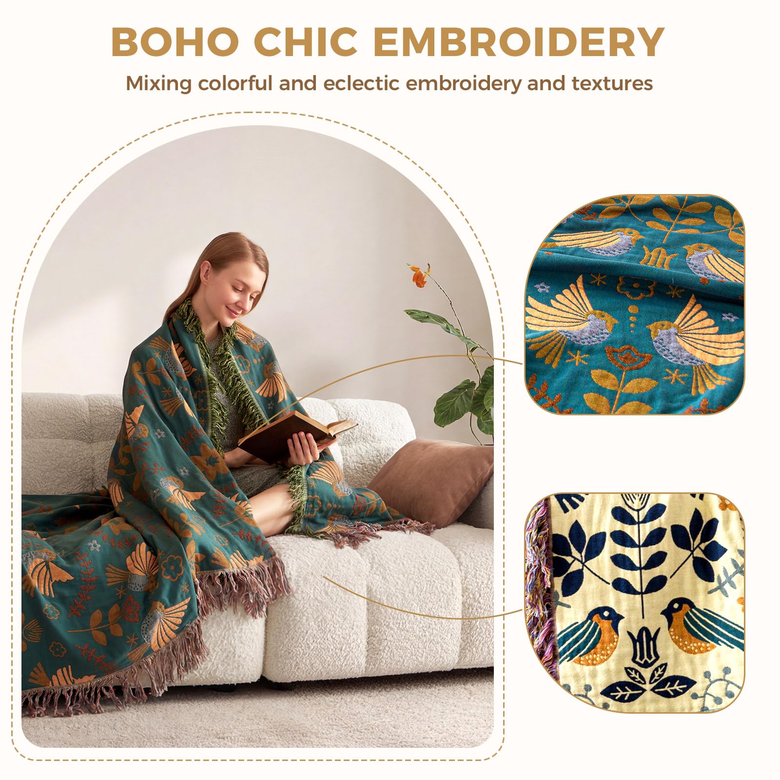 LUTBM Boho Throw Blanket soft fabric texture on couch.
