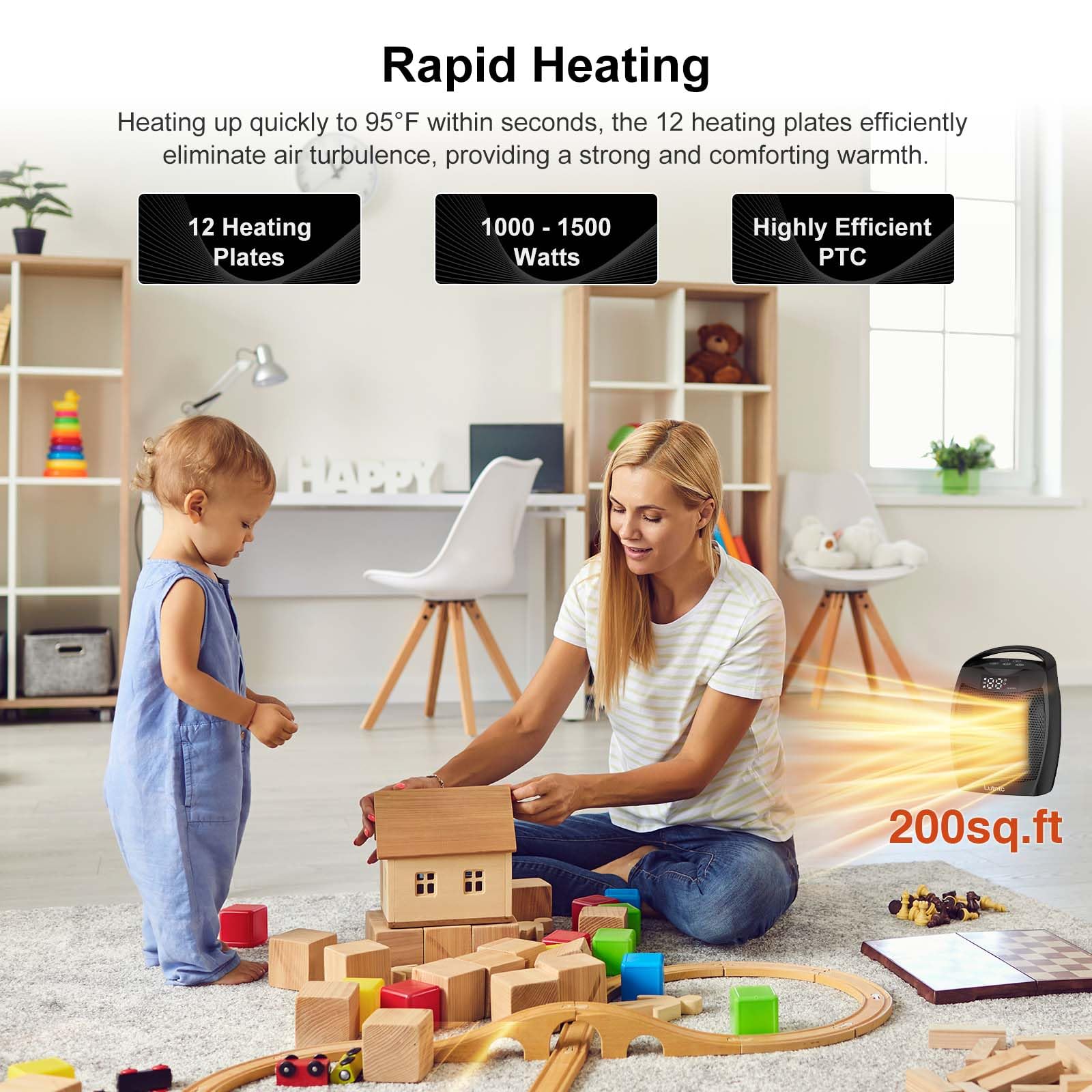 Lutntc heater built-in handle for easy room-to-room portability.