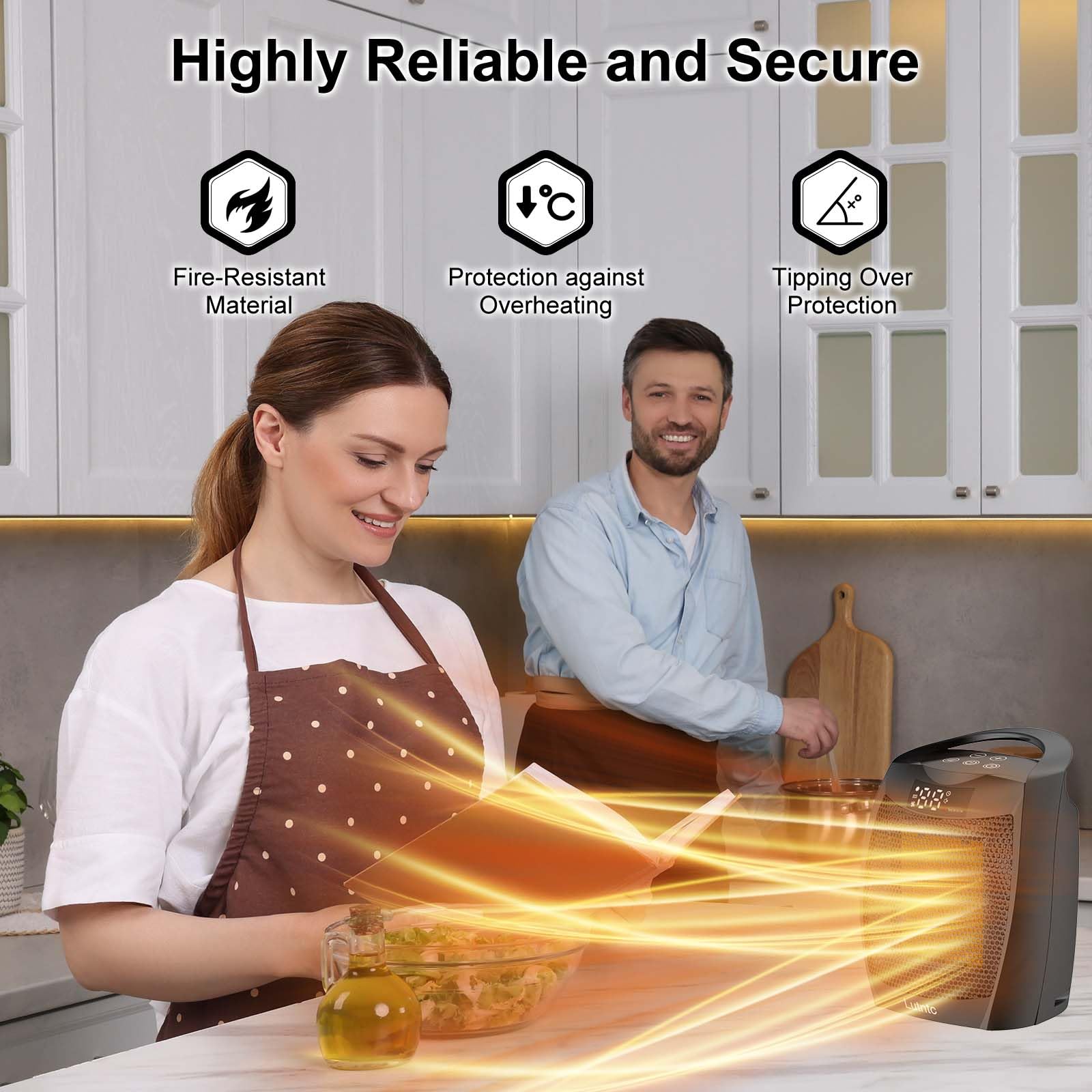 Lutntc portable heater digital display shows temperature and mode for precise adjustments.