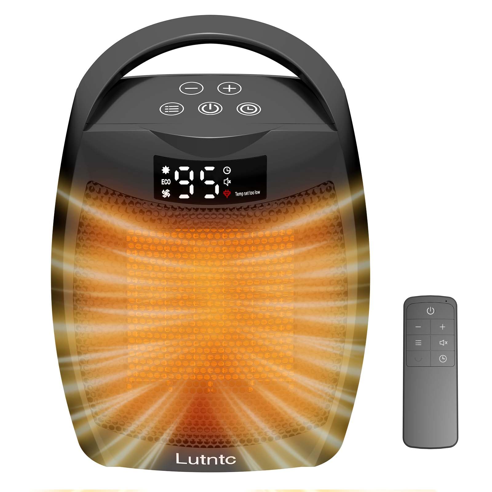 Lutntc portable ceramic space heater front view with clear digital display for precise control.