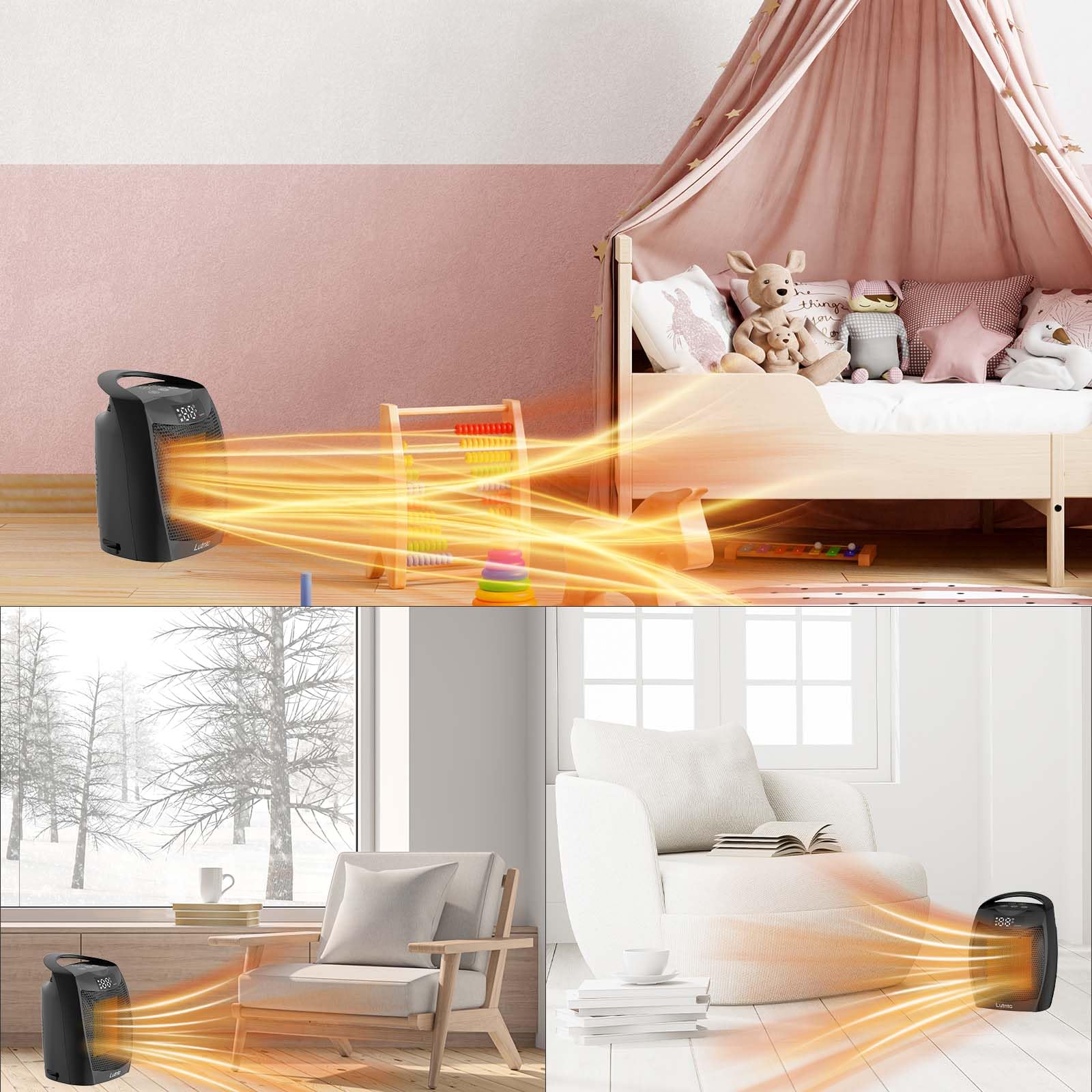 Lutntc space heater in use in a living room setting for cozy warmth.