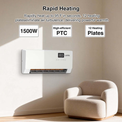 Lutntc wall-mounted heater shown saving floor space in a living room.
