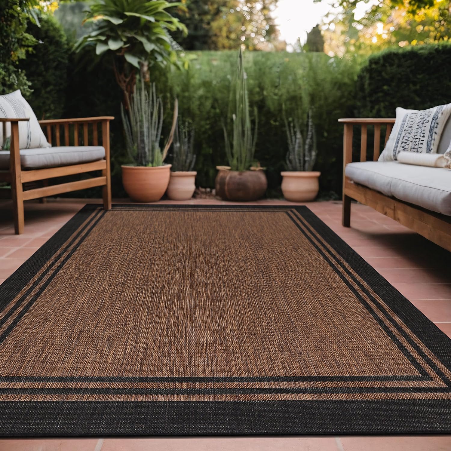 Luul Home bordered outdoor rug 6x9 Nut Brown for patio offers warm, welcoming style.