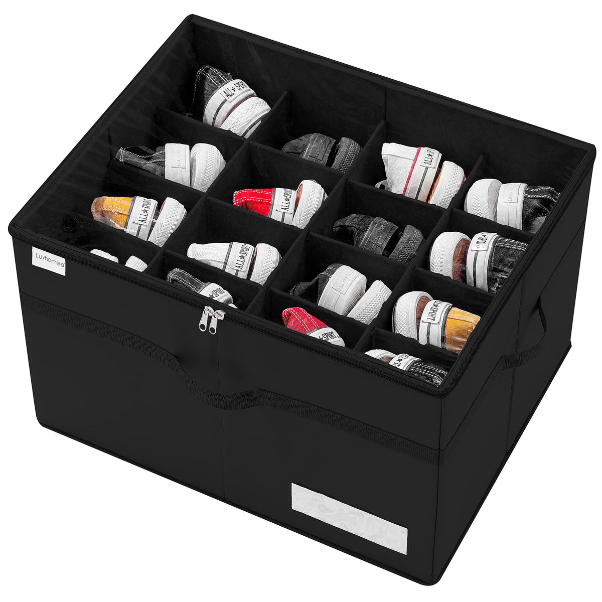 LUVHOMEE 16-pair shoe storage organizer with full compartment view.
