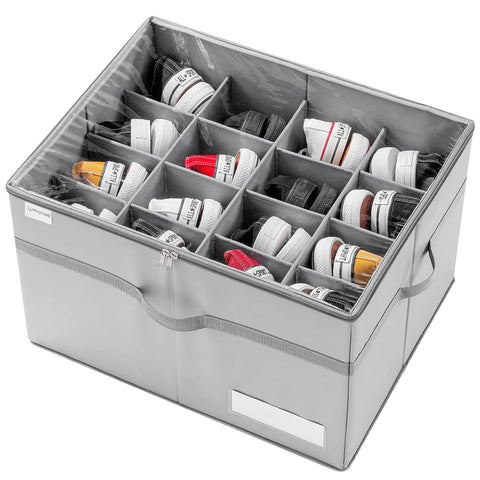 Luvhomee shoe organizer displaying 16 compartments for up to 16 pairs of shoes.