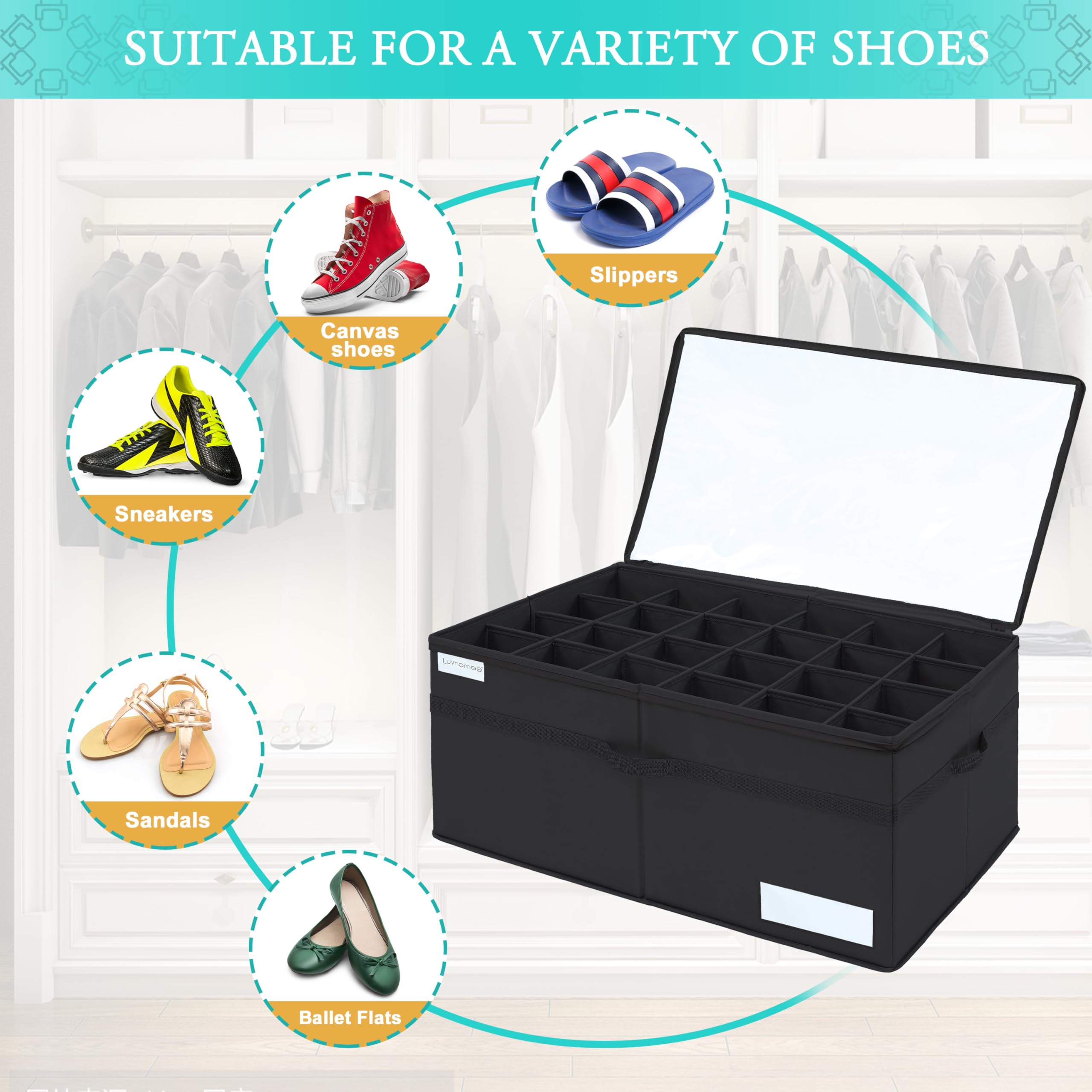 Luvhomee shoe storage organizer closed cover shows dust-proof protection and easy viewing.