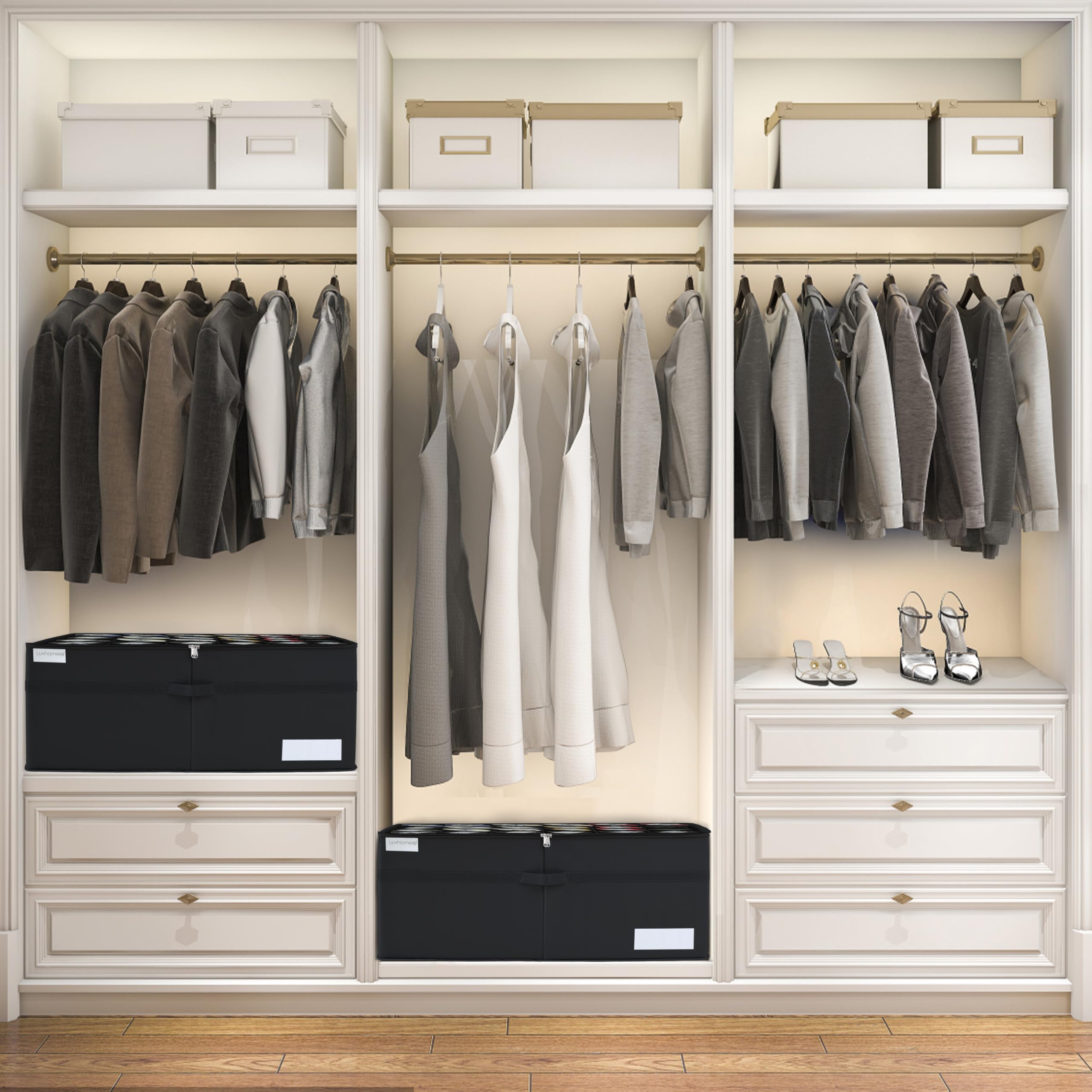 Luvhomee shoe storage organizer interior layout with adjustable dividers for varied shoe sizes.